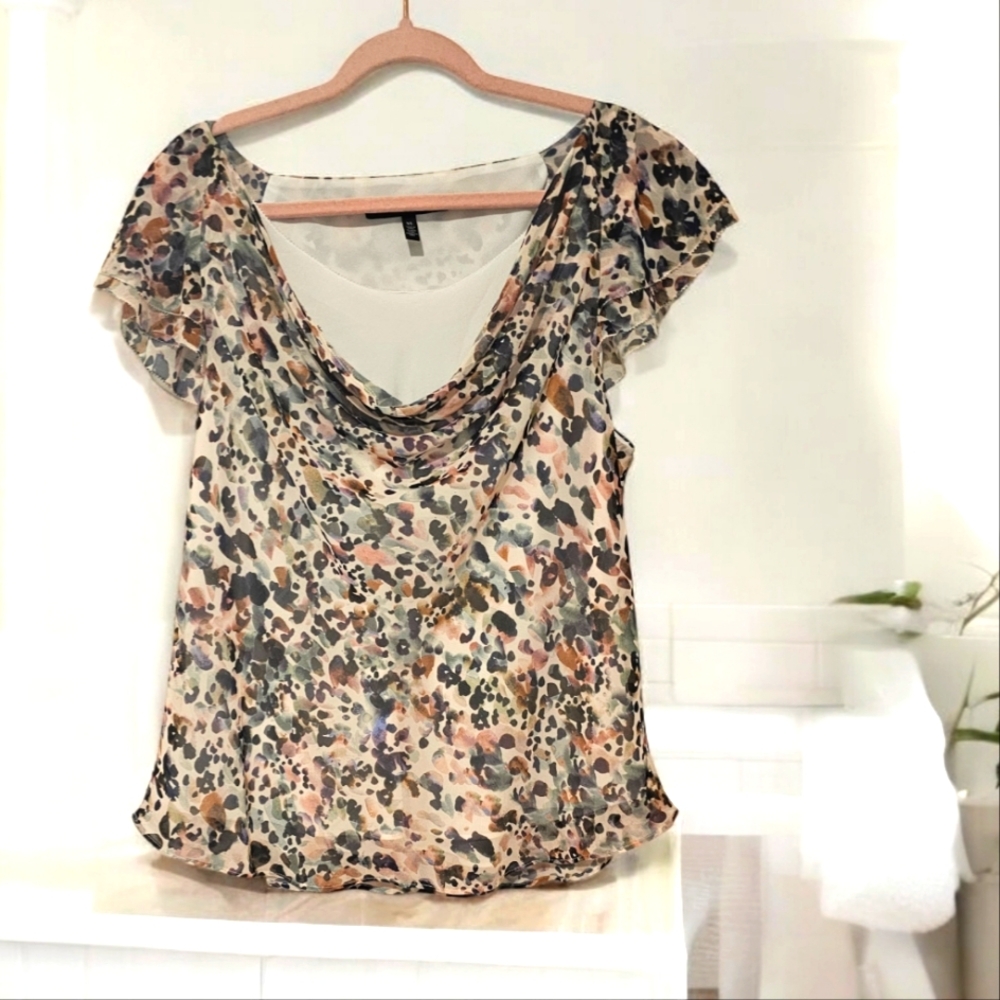 WHBM Floral Cowl Neck Blouse with Ruffled Layer Sleeve XL